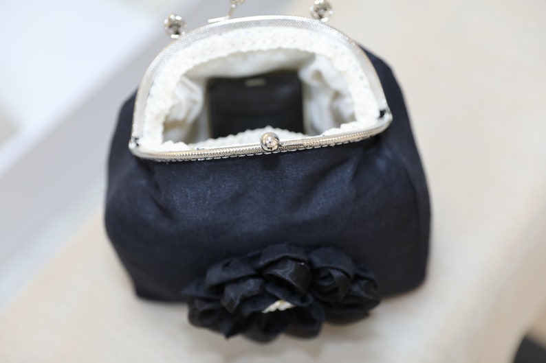 Black Flower Design, Hand Purse , Wrist Purse Prom Purse, Night Out, Evening Purse, Handmade , Hemp Purse, Night Purse, Wedding Purse image 3