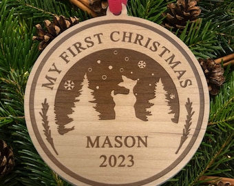 Baby's First Christmas Ornament: Engraved Winter Deer Scene