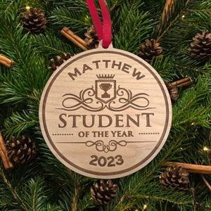 Personalized Student Of The Year Ornament, Engraved Wooden Student Of The Year, School Ornaments, Teacher Ornament, Kid Ornament, Custom image 1