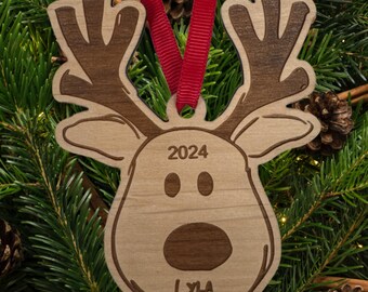 Personalized Reindeer Ornament: Engraved Wood Christmas Decoration