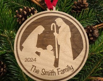 Personalized Nativity Ornament: Laser Engraved Alder Wood, Religious Gift