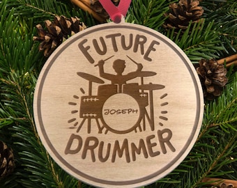 Personalized Drummer Christmas Ornament: Engraved Alder Wood Drum Set Gift