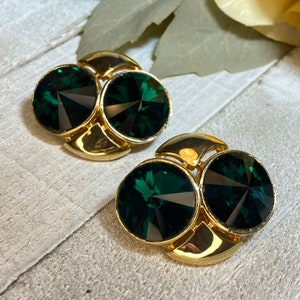 Les Bernard Earrings Green Crystal Rhinestone Gold Tone Clip On