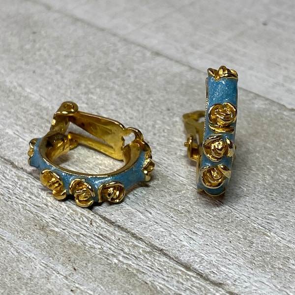 Vintage Orena Paris Clip On Earrings Blue Enamel Floral Gold Tone