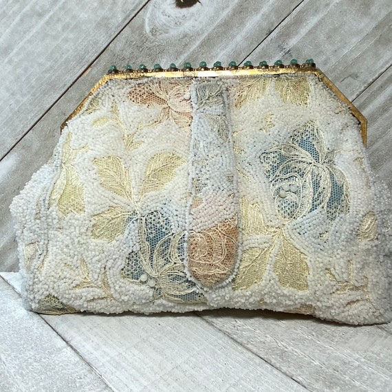 Antique French Beaded Lace Small Clutch Floral 19… - image 6