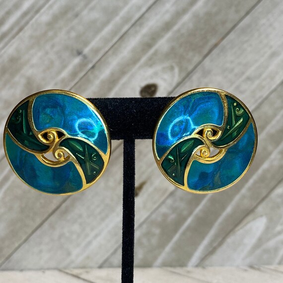 Vintage Berebi Pierced Earrings Blue Green Gold E… - image 4
