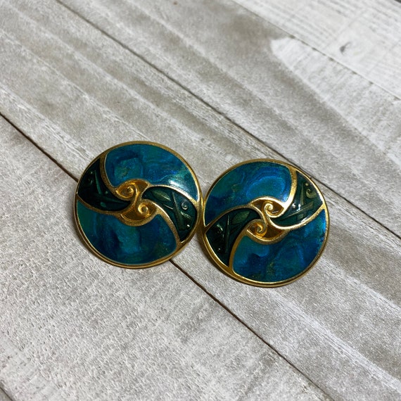 Vintage Berebi Pierced Earrings Blue Green Gold E… - image 3