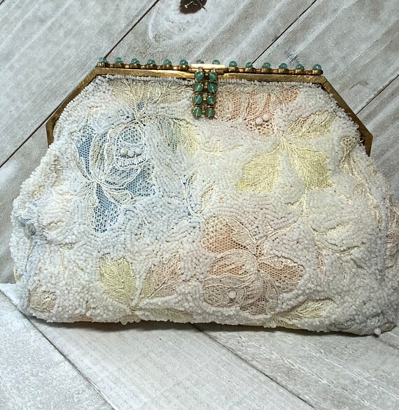 Antique French Beaded Lace Small Clutch Floral 19… - image 2