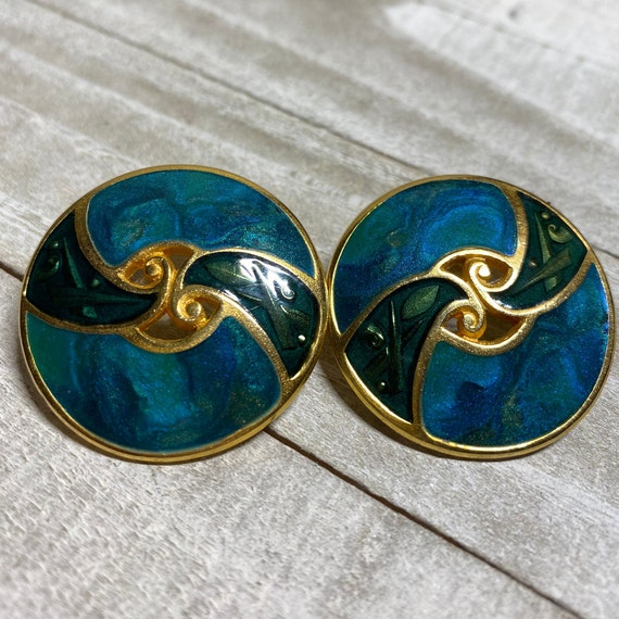 Vintage Berebi Pierced Earrings Blue Green Gold E… - image 1