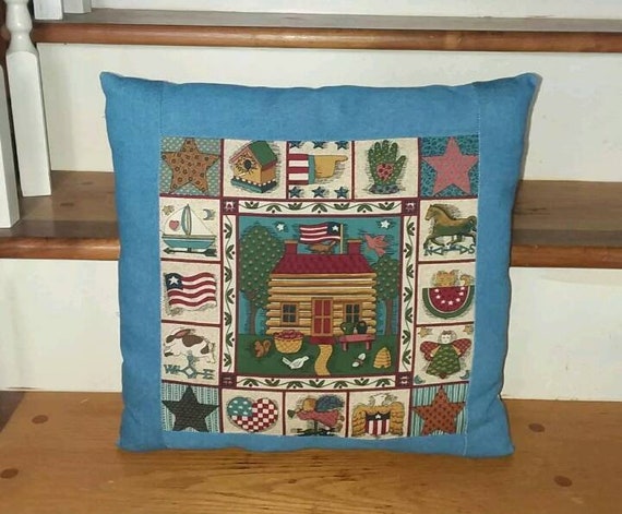 Log Cabin Country Patriotic Throw Pillow Approx 15 X Etsy