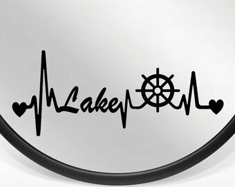 Lake Boat Captains Wheel Decal | Lake Lifeline Heartbeat Sticker for Car Window | BG 361