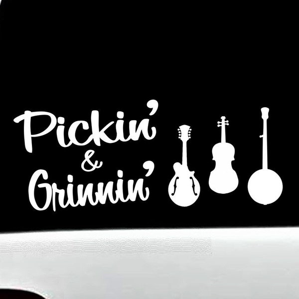 Bluegrass Music Banjo Fiddle Mandolin Decal Sticker for Car Pick and Grin J1016