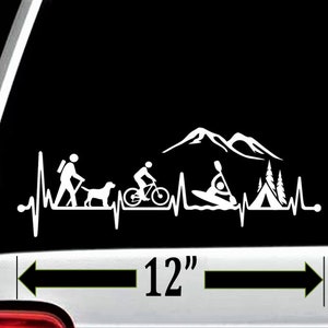 Hiker Girl or Guy Dog Bicycle Cycling Kayak Camping Tent Heartbeat Decal Sticker for Car Window 12.0 Inch BG 620