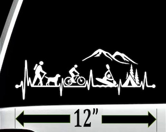 Hiker Girl or Guy Dog Bicycle Cycling Kayak Camping Tent Heartbeat Decal Sticker for Car Window 12.0 Inch BG 620