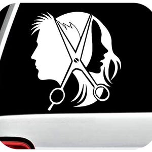 May include: A black and white silhouette of a man and woman's head with a pair of scissors in between them. The scissors are open and the blades are facing each other. The image is a simple design that is perfect for a salon or barber shop.