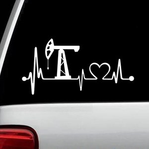 May include: White vinyl decal of an oil rig with a heart beat line and a heart. The text reads "I love oil".