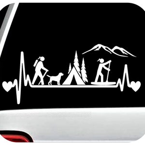 May include: White silhouette decal of a person hiking with a dog, a tent, trees, mountains, and a person paddleboarding with a heartbeat graphic.