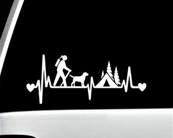 Girl Hiker Camper Hiking with Dog Camping Tent Heartbeat Lifeline Decal Sticker BG334