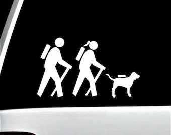 Hiking Hiker Couple Guy Girl with Dog Decal Sticker BG 531