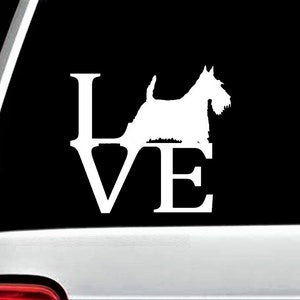 May include: White vinyl decal with the word "LOVE" and a silhouette of a Scottish Terrier dog.