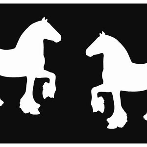 May include: Two white silhouette images of draft horses facing each other on a black background.