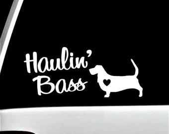 Basset Hound Haulin Bass Dog Decal Sticker for Car Window 8 Inch BG 298