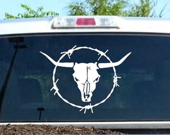 Longhorn Bull Cow Skull Barb Barbed Wire Western Rodeo Decal Sticker Truck Trailer L1035