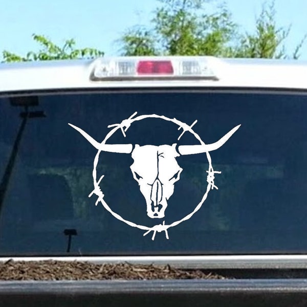 Longhorn Bull Cow Skull Barb Barbed Wire Western Rodeo Decal Sticker Truck Trailer L1035