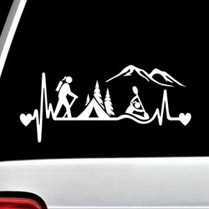 Hiker Girl Camping Tent Kayak Heartbeat Decal Sticker for Car Window BG 485