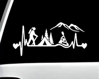 Hiker Girl Camping Tent Kayak Heartbeat Decal Sticker for Car Window BG 485