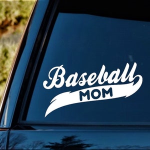 May include: White vinyl decal with the text "Baseball Mom" in a white cursive font on a blue background.