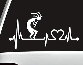 May include: White vinyl decal of a stick figure with a heart beat line and a heart. The stick figure is in a traditional Native American dance pose.
