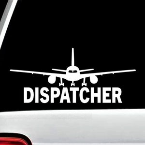 May include: White decal featuring an airplane silhouette with the word "DISPATCHER" in bold letters underneath. The image is set against a black background, suitable for application on a vehicle or window.