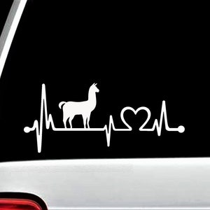 May include: White vinyl decal of a llama with a heartbeat line and a heart. The decal is on a black background.