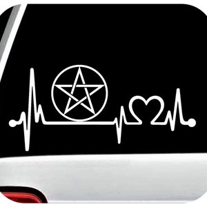 May include: White vinyl sticker with a pentagram inside a circle, a heart, and a heartbeat line. The sticker is on a black background.