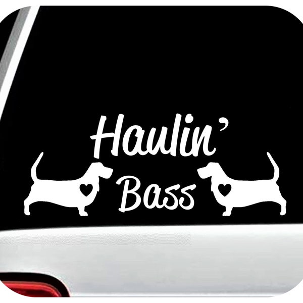 Haulin Bass with 2 Basset Hounds Dog Decal Sticker for Car Window 8 Inch