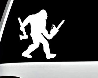 Bigfoot Sasquatch Lumberjack Logger with Axe and Chainsaw Decal Sticker B1149