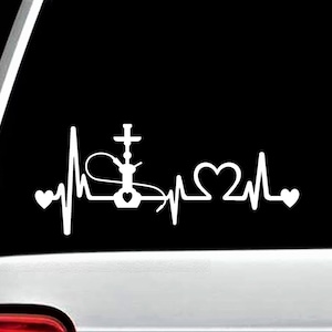 May include: White vinyl decal of a hookah with a heart and a heartbeat line. The decal is on a black background.