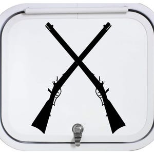 May include: White rectangular sign with a black silhouette of two crossed rifles. The rifles are detailed with triggers, barrels, and stocks. The sign has a white border and a silver latch at the bottom.