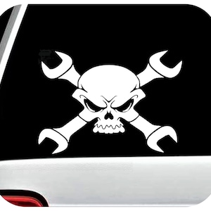 May include: A white skull and crossbones design with two wrenches forming the crossbones. The skull has an angry expression.