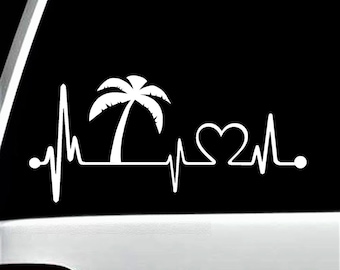 Palm Tree Heartbeat Lifeline Vacation Decal Sticker | Palm Tree Decal for Car | Surf Sand Sun Beach Ocean | K1016