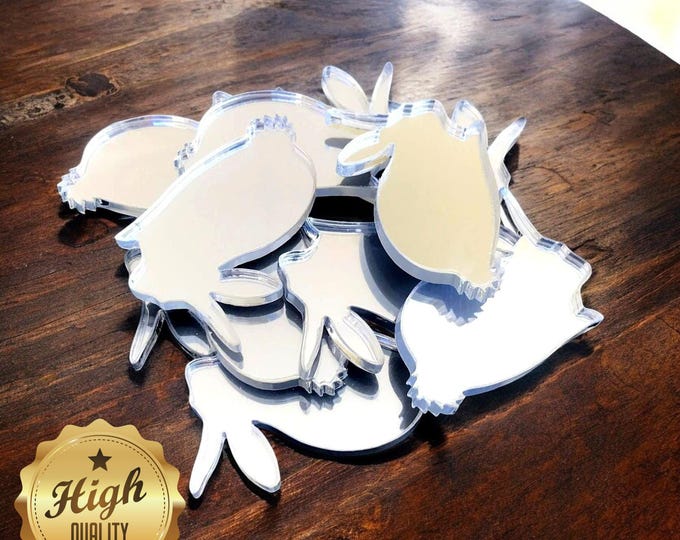 Rabbit ShapedShaped Crafting Mirrors, Custom Colours, Woods, Sizes, Shapes, (Holes for Jewellery or hoops for invites) Packs of 10
