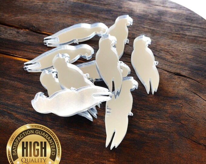 Parrot Shaped Crafting Mirrors, Custom Colours, Woods, Sizes, Shapes, (Holes for Jewellery or hoops for invites) Packs of 10