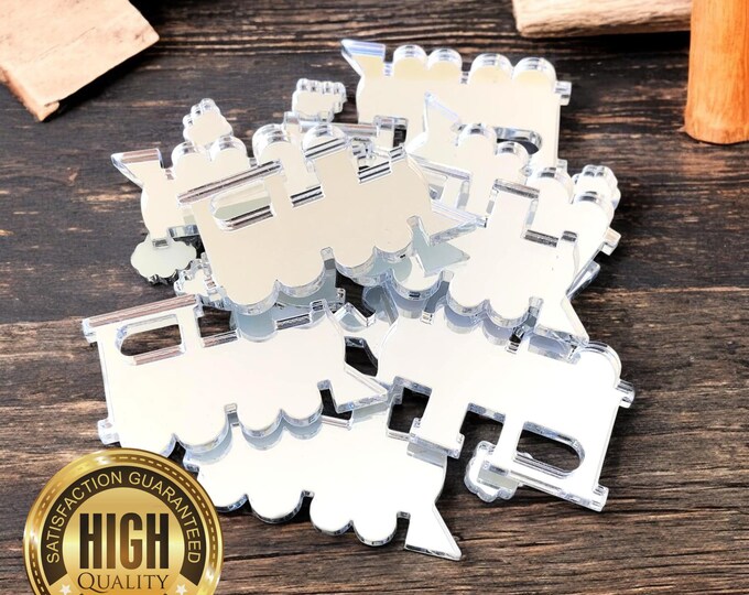 Train Shaped Crafting Mirrors, Custom Colours, Woods, Sizes, Shapes, (Holes for Jewellery or hoops for invites) Packs of 10