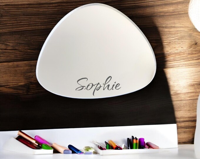 Triangular Pebble Shaped Mirrors with White Backing & Hooks, Bespoke Shapes Made, Engraving Services