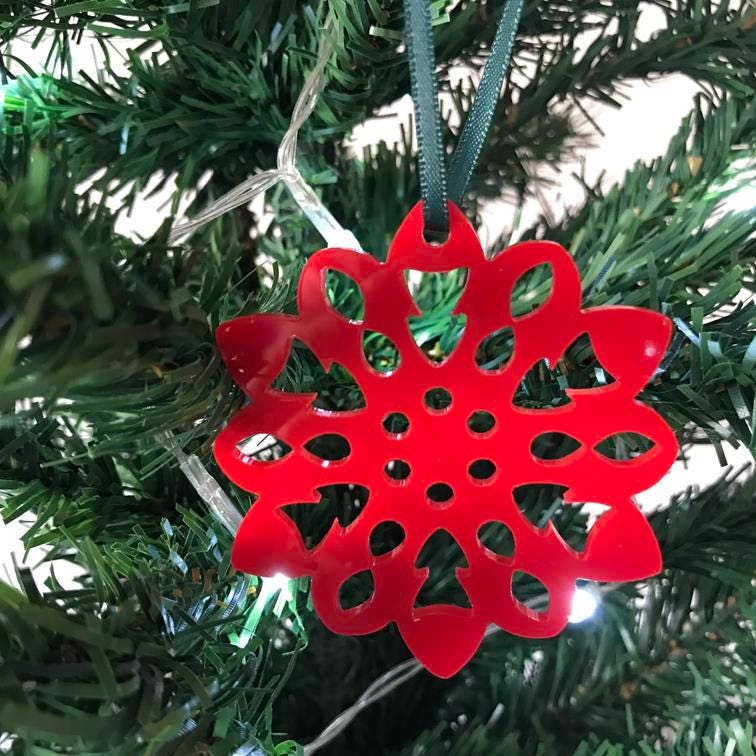 Fluffy Snowflake Xmas Tree Decorations In White Red Lime Green