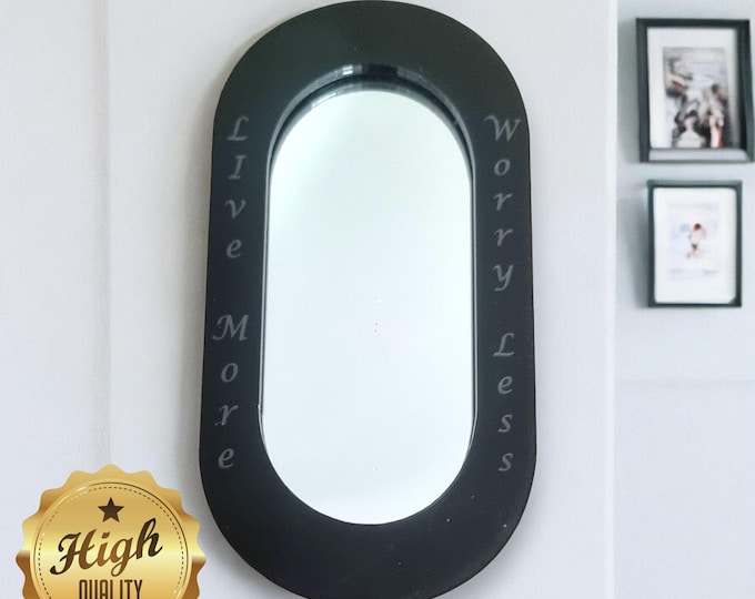 Pill Shaped Acrylic Mirror with Color Frame & Hooks - Bespoke Engraving