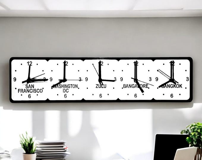 Custom Five Time Zone Clock: Black & White Family Name Wall Decor