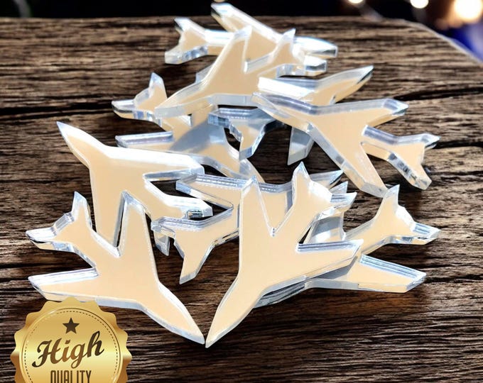 Jet Plane Shaped Crafting Mirrors, Custom Colours, Woods, Sizes, Shapes, (Holes for Jewellery or hoops for invites) Packs of 10