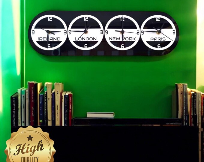 Rounded Retro Design TWO, THREE or FOUR Acrylic Time Zone or Family Names or Places Clocks - Custom Colours, Shapes Sizes and Wood Finishes